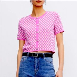 Urban Revivo Checkered Faux Pearl Button Knitted Top. NWT.